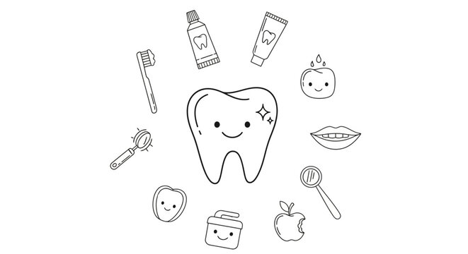 Smiling cartoon tooth with dental care.