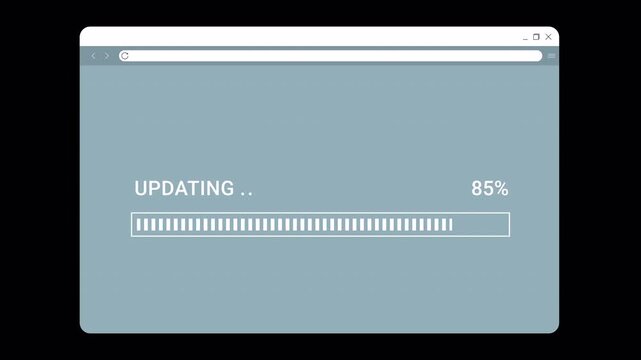 Updating knowledge and software. computer screen displaying an updating progress bar web app. alpha channel.4k video