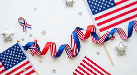 Obraz premium Independence day celebration american flags ribbons and stars on white background