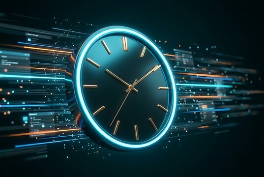 Digital clock with Roman numerals glowing in blue neon against abstract background of fast moving digital data streams.