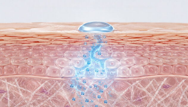 Scientific 3D illustration of a serum droplet penetrating skin layers, deep hydration and cellular rejuvenation on white background.