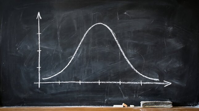 Chalk drawing of bell curve graph on blackboard, representing statistical distribution and normal probability curve.