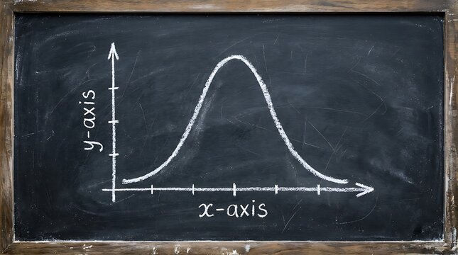Chalk drawing of bell curve graph on blackboard, representing statistical distribution and normal probability curve.