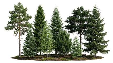 Fototapeta premium A group of evergreen trees stands on a mossy mound against a white background. The trees vary in height and shape, showcasing different species of conifers.