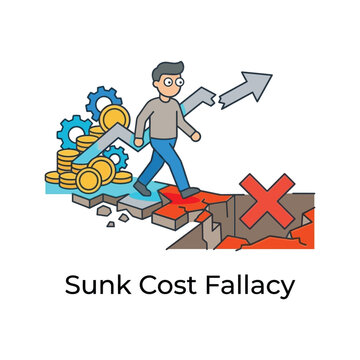 Sunk cost fallacy icon, person pushing forward despite losses, behavioral bias workshop, decision hygiene session, product strategy training, vector illustration