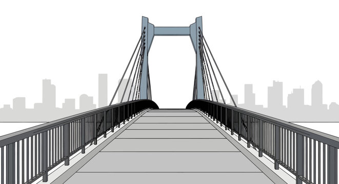 A detailed illustration of a modern cable-stayed bridge extending towards a distant city skyline under a clear sky.