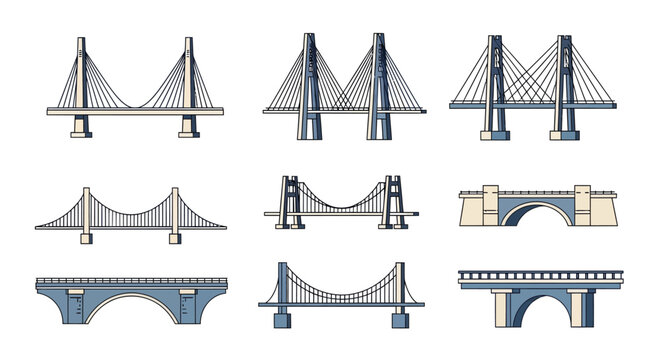 A collection of nine different bridge designs, showcasing various architectural styles and engineering structures.