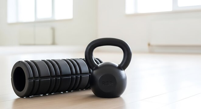 Black kettlebell and foam roller on wooden floor in gym