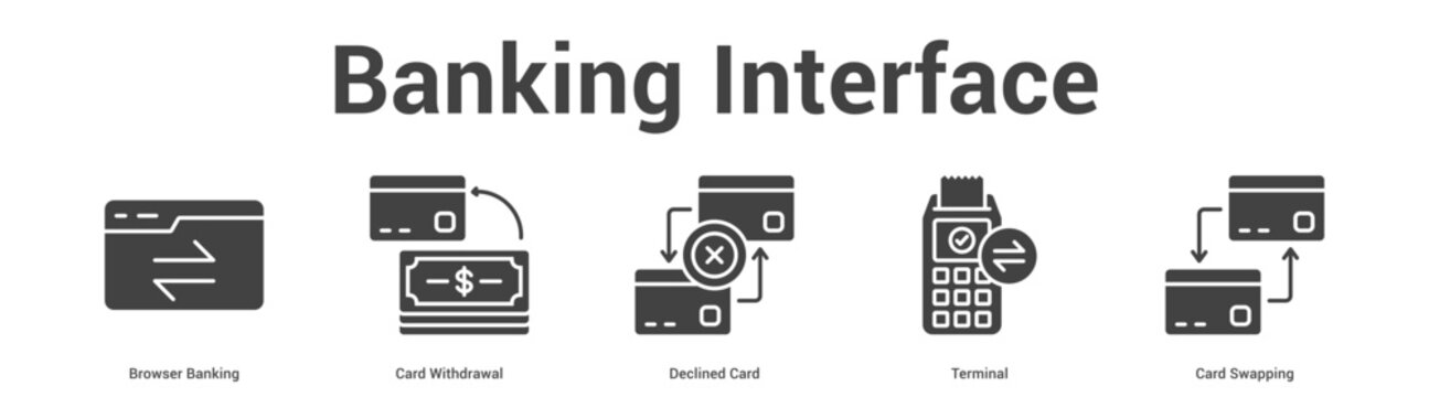 Banking Interface web banner icon set vector illustration concept for business with icon of Browser Banking, Card Withdrawal, Declined Card, Termin.