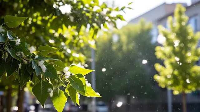 Soft white seeds floating in the air near green leaves on a sunny spring day