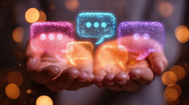Glowing speech bubbles shimmer above cupped hands, symbolizing communication