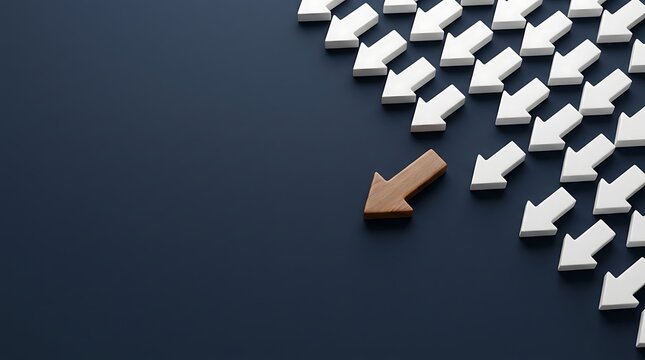 Single wooden arrow leading group of white arrows in different direction, concept of individuality leadership and nonconformity on dark background.