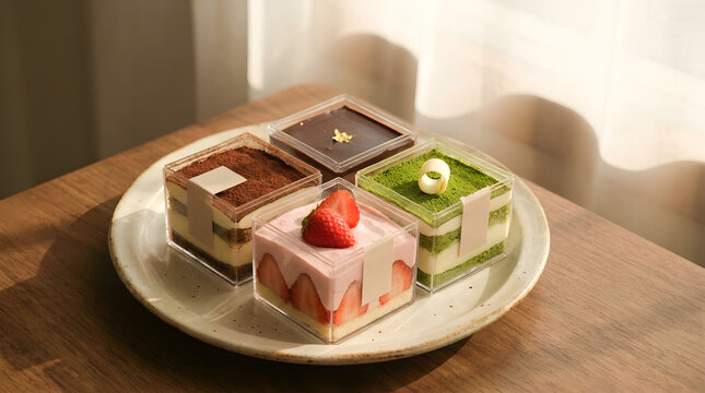 Assorted square cakes on plate.