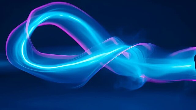 Abstract wave colourful vibrant flowing blue magenta light trail on dark background with glowing translucent ribbon smooth motion dynamic shape on dark blue background