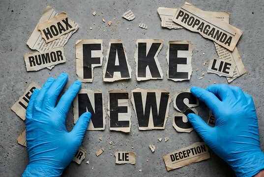 Hands in blue gloves arranging letters to spell fake news with torn newspaper clippings of propaganda lie and deception scattered around on textured concrete.
