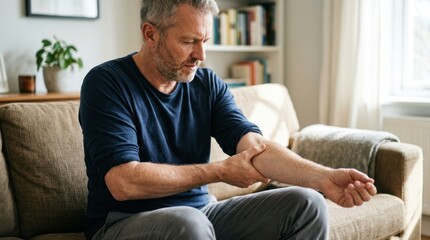 Fototapeta premium A mature man sits on a sofa, holding his wrist and grimacing in pain. He appears to be experiencing discomfort.