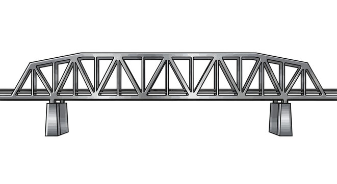 A detailed illustration of a metal truss bridge with triangular supports and two piers for infrastructure.