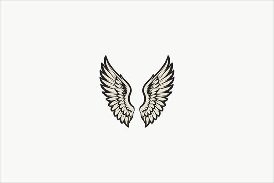 Elegant angel wings vector illustration with detailed feathers, symmetrical fantasy design isolated on clean background for logo, tattoo, apparel, and branding. Vector illustration.