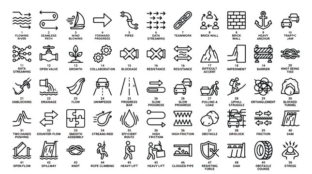 Collection of 40 flowchart icons illustrating business processes workflow optimization and industrial concepts in black and white
