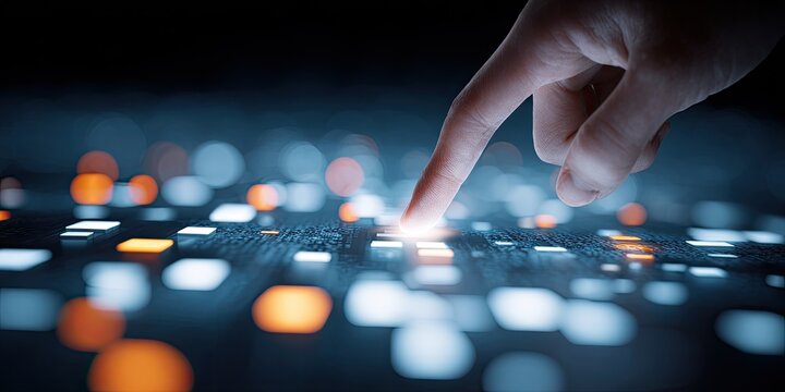 Finger touching glowing digital interface with abstract light patterns