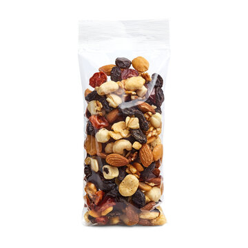 A portable bag of trail mix, ready for an on-the-go snack. full length isolate on transparent background