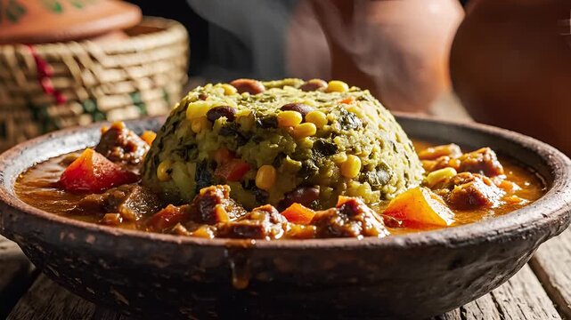 Delicious traditional Moroccan tagine with couscous and meat served in a rustic bowl.