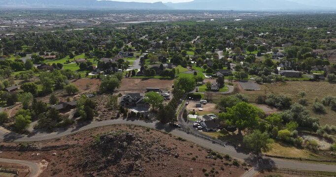 Aerial of rural properties in Grand Junction Colorado in spring in Redlands neighborhood