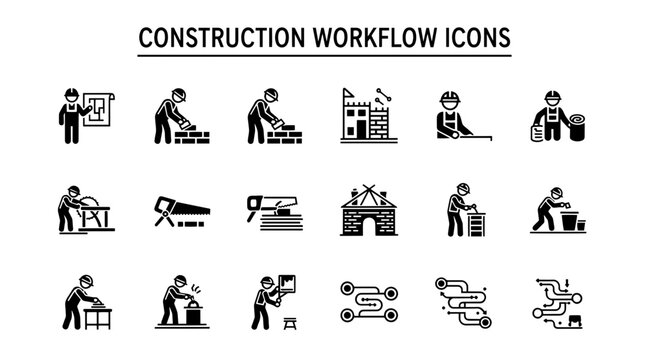 Construction Workflow Icons: Building Process, Craftsmanship, and Blueprint Planning Elements