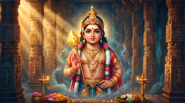 A divine depiction of Lord Murugan, the Hindu god of war, holding his vel weapon amidst a temple setting with ornate pillars and divine light.