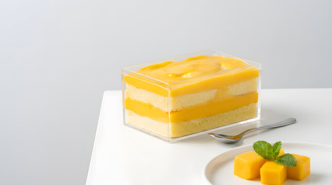 Slice of layered mango cake.