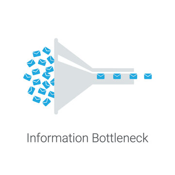 Information bottleneck icon, funnel narrows inputs, selective feature pass, analytics workshop seminar, machine learning session, dataset curation vector illustration design