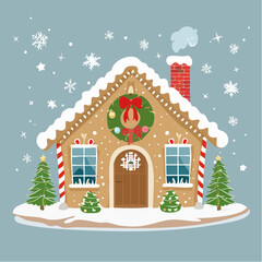 Fototapeta premium Gingerbread House with Christmas Decorations and Snowfall