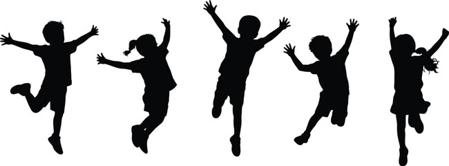 Five children silhouettes jumping with arms raised