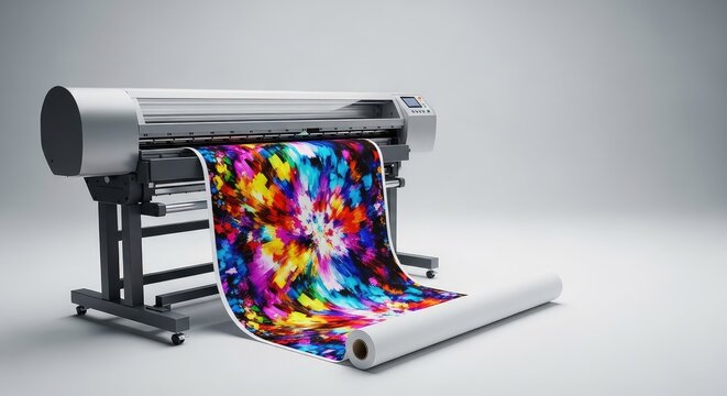A professional wide format inkjet printer producing a vibrant color graphic on a continuous roll of high quality matte paper in a studio, printhead, graphic, design