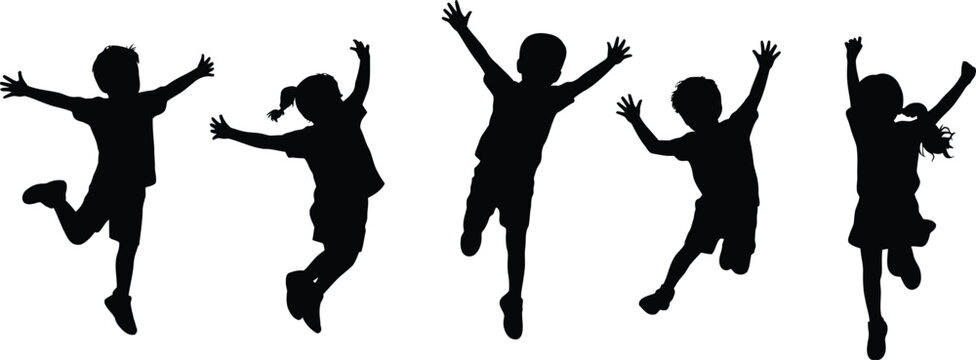 Five children silhouettes jumping with arms raised