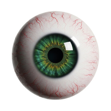 A single human eyeball, bloodshot sclera with intricate red capillaries, vibrant emerald-green iris, deep black pupil, wet surface, clinical observation concept
