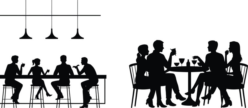 Silhouettes of people dining and drinking at a bar and table