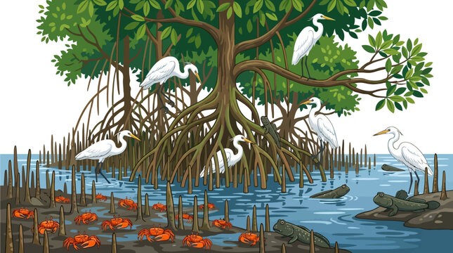 A vibrant illustration of a mangrove ecosystem teeming with life, featuring white egrets perched on branches and wading in water, red crabs on the muddy banks, and mudskippers near the water's edge.
