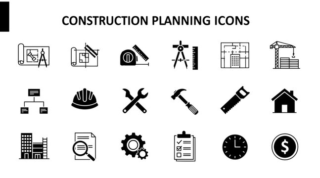 Modern Minimalist Construction Planning Icons Set