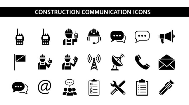 Construction Communication Icons in Minimalist Style with Informative Mood