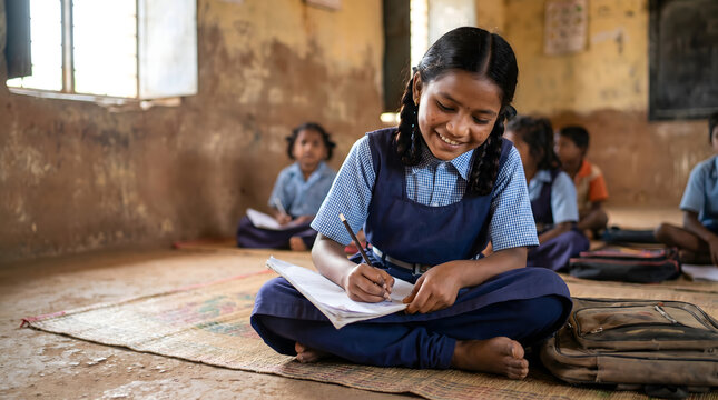 A young Indian girl in a school uniform smiles while writing in a notebook during a lesson in a rustic classroom.