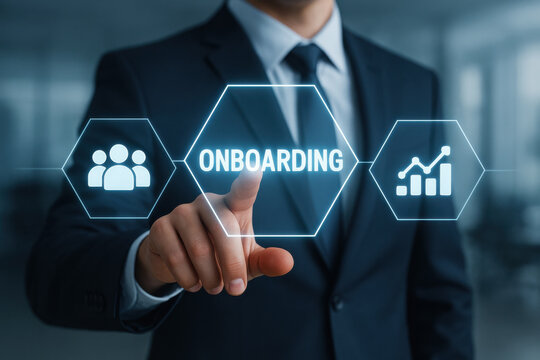Business professional touching virtual onboarding button on futuristic holographic interface with hexagonal shape, displaying team management and growth chart icon