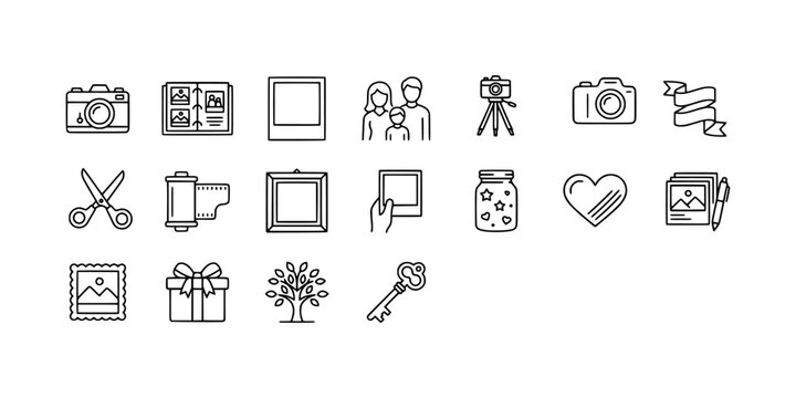 Icon set collection of photography equipment and memory keeping featuring cameras, film rolls, photo albums, frames, tripods, and scrapbooking craft symbols.