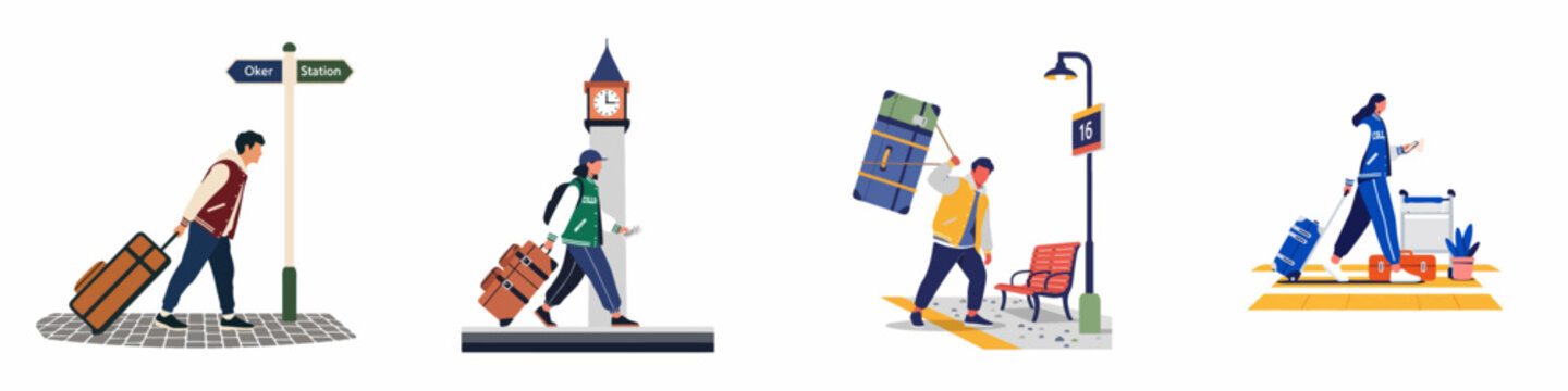 Set of flat vector illustrations depicting young students traveling with suitcases and backpacks at various train station locations.