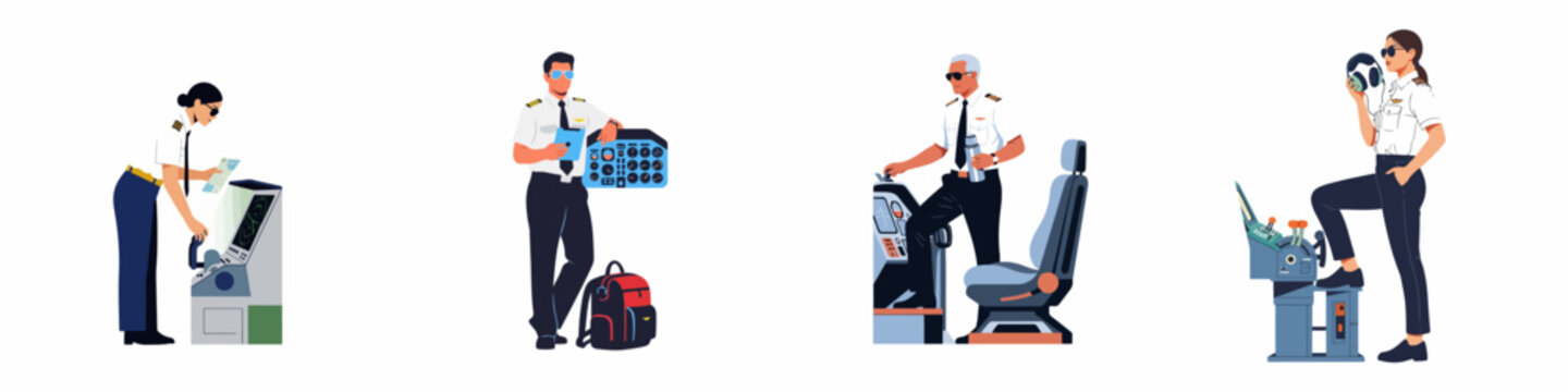 Professional male and female airline pilots in uniform with cockpit controls, headsets, and flight gear in a flat vector illustration style