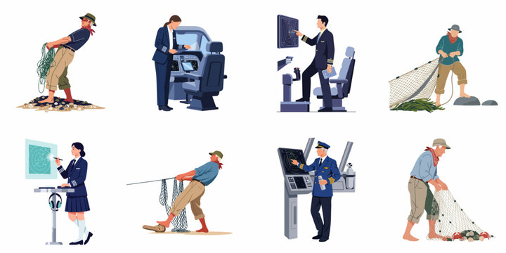 Set of diverse professional illustrations featuring traditional fishermen pulling nets and modern aviation or maritime navigation personnel at control consoles.