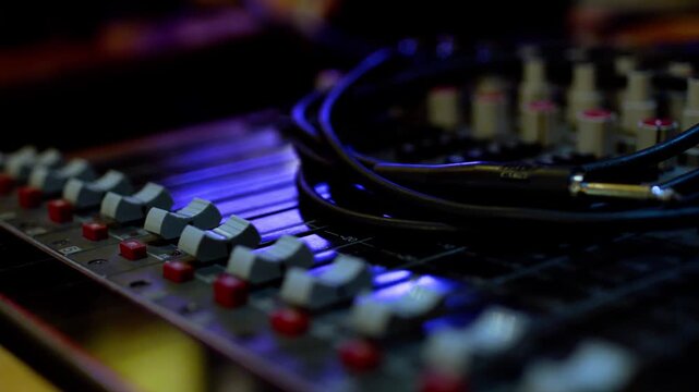 Primer plano de consola de mezclas de audio profesional con faders, botones rojos y cable plug de 6.3mm en iluminaci&oacute;n de estudio azul.