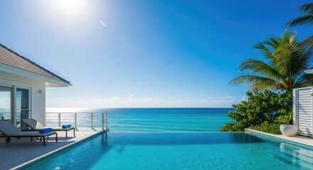 Fototapeta premium A stunning luxury villa featuring a private infinity pool overlooking the turquoise sea under a bright sun during a warm summer vacation, paradise, nature, vacation
