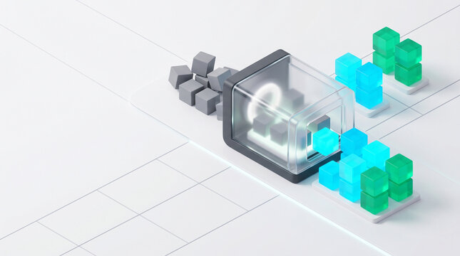 3D High End Illustration of Synthetic Data Generation and Privacy Preserving AI Training Simulation for Data Science SaaS