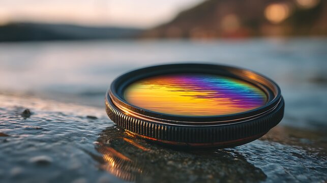 Abstract glass prism with colorful light refraction on dark background